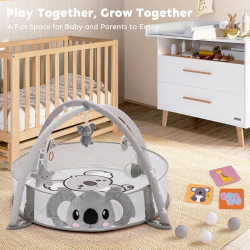 7-in-1 XL Large Baby Play Gym Mat, Tummy Time Mat, Baby Gym & Ball Pit, Baby Activity Mat with Milestone Cards & 6 Detachable Toys for Sensory Motor Skill, Grey Koala - Image 6