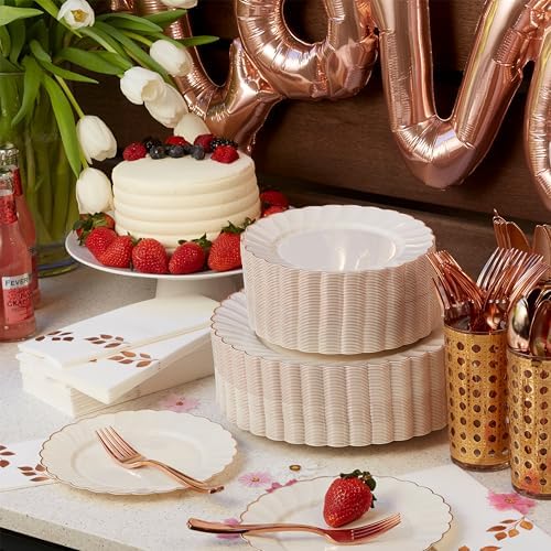 By Madee HEAVYWEIGHT Ivory Rose Gold Scalloped Plates for Wedding 60 Pc - Image 6