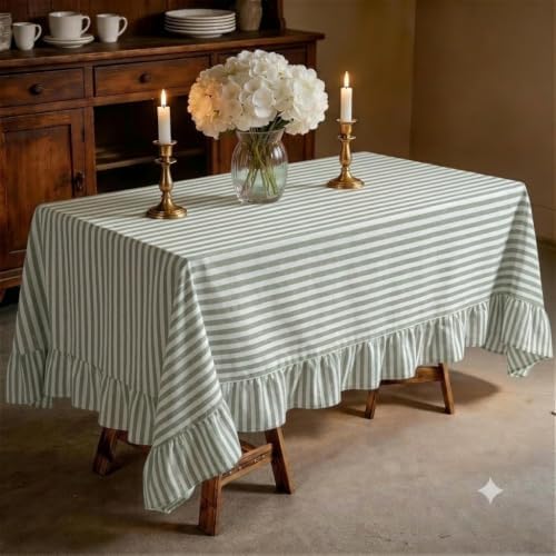 Sage Green Striped Ruffle Tablecloth 60" x 120" Rectangular Farmhouse Flounces Trim Table Cover for Seat 8-10 for Picnic Dining Kitchen Party Wedding Decor by Unknown
