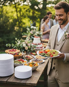 PULOTE 100PCS White Plastic Plates Disposable - Heavyweight 50 White Dinner & 50 Dessert/Salad Plates for Wedding, Party - Image 6