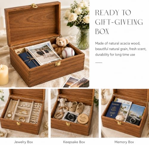 Keepsake Box,Large Acacia Wooden Memory Box Jewelry Box and Photo Storage Box for Wedding Baby Shower Decorative Storage Treasure Boxes with Lids(Brown) - Image 5