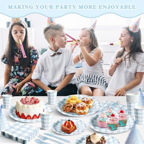 Vyntra 350-Pc Blue Gingham Paper Plates and Napkins Party Supplies - Image 3