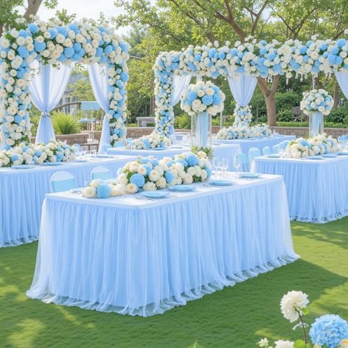 Suppromo 8ft Baby Blue Tulle Tablecloths for Rectangle Tables Light Blue 8 Foot Rectangular Table Cloth Wrinkle Free Table Cover with Tutu Skirt for Baby Shower Boy Birthday Party Banquet Buffet Cake - Image 5