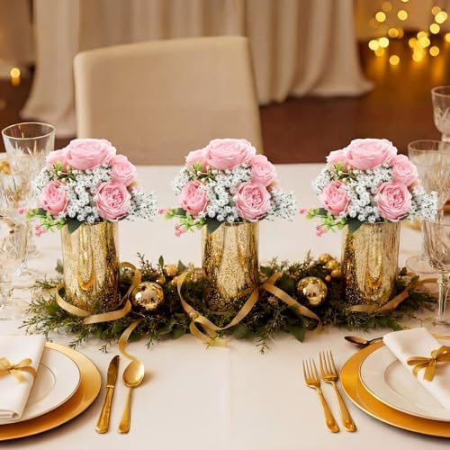 Suncalla 6 Sets Gold Cylinder Vases Artificial Peony Candle Holders, Pink - Image 6