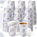 Funnymoom 100 Pieces Blue Floral Disposable Paper Cups with 120 Lids 12 oz Coffee Blue and White Herb Beverage Coffee Cups for Spring Wedding Baby Bridal Shower Tea Party Baby Shower by Funnymoom