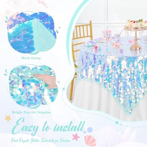 QueenDream Green Sequin Table Cloth: 51x35 Inches Sequin Payette Tablecloth - Iridescent Glitter Fabric for Girls Wedding Mermaid Party Birthday Decorations - Image 5