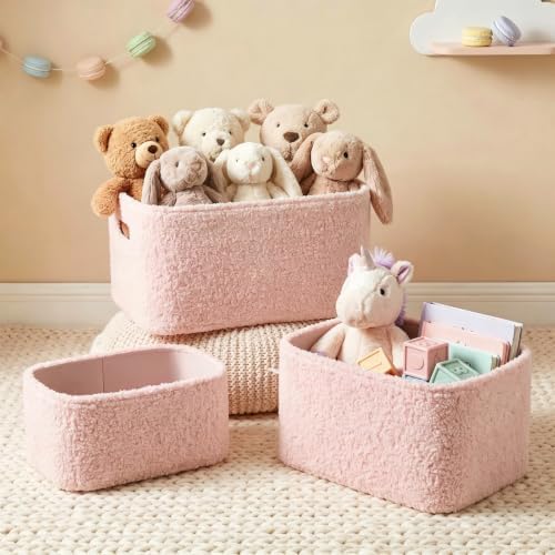 Boucle Nursery Storage Baskets Set of 3, Decorative Nesting Fabric Bins for Shelves, Changing Tables, Dressers and Closets, Baby Toys, Diapers, Clothes, Books, Blankets and Essentials, Pink by Unknown
