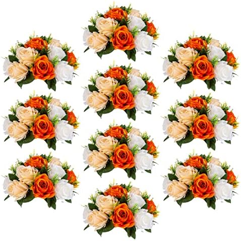Sziqiqi Orange Fake Flowers for Centrepiece, Kissing Silk Roses Ball, 10Pcs by SZIQIQI