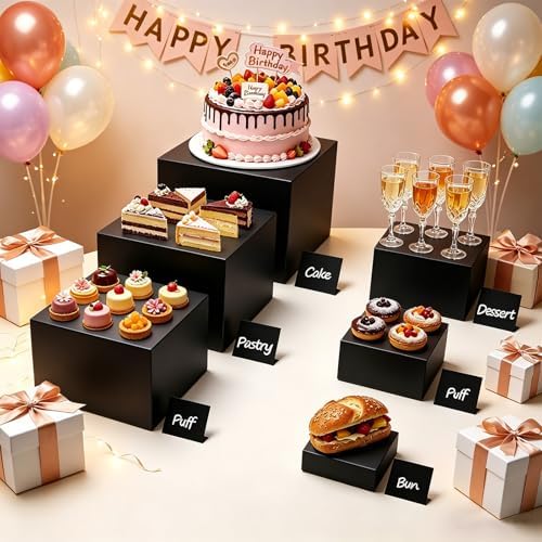 6PCS Buffet Risers,Food Display Stands with Mini Sign and Marker,for Buffet Table,Black Acrylic Cube Boxes Nesting Risers,Hollow Bottoms,for Cake Catering Dessert Party(8",7",6",5",4",3") - Image 3