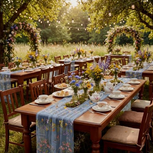 Blue Floral Table Runner 10ft Embroidery Wildflower, 10 Pcs - Image 7