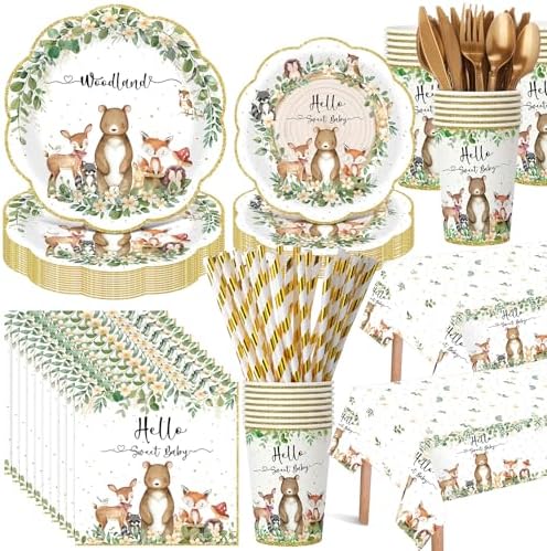 Funnymoom 452 Pcs Woodland Baby Shower Decorations for 50 Guests, Forest Animals Woodland Paper Plates Napkins Cups Tablecloth Cutlery Straws for Neutral Forest Animal Baby Shower Party Supplies by Funnymoom
