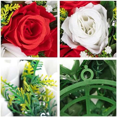 Briful Fake Floral Balls for Centerpieces - 2PCS 11.8" Large Faux Rose Flower Arrangement Silk Flower Bouquet for Home Wedding Party Anniversary Table Vase Flower Stand Decor(Red White) - Image 3