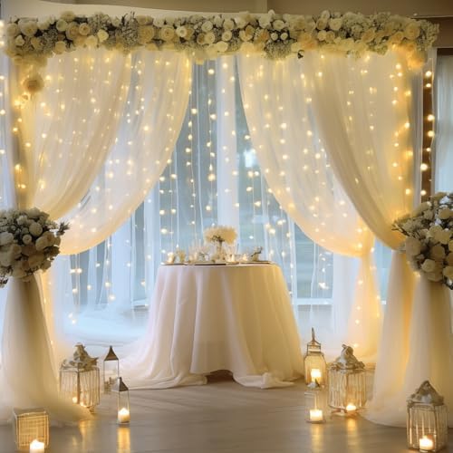 30×10ft Cream White Tulle Backdrop Curtain with Lights String for Parites, Sheer Photo Backdrop Curtains for Wedding Party Photography Background - Image 6