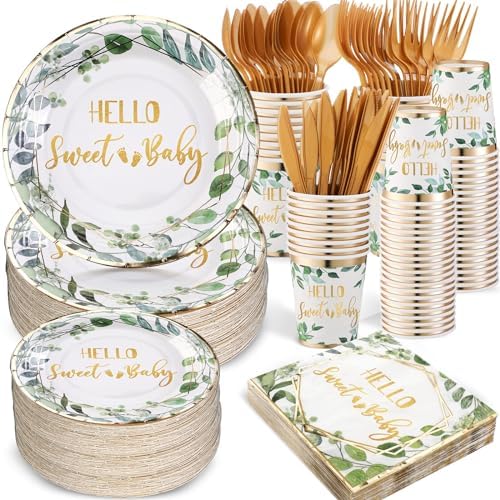 400 Pcs Baby Gender Reveal Plates and Cups and Napkins Sets with Forks Spoon Party Supplies Baby Shower Paper Tableware Gender Reveal Decorations Disposable Cutlery, Serves 50(Green White,Hello Sweet) by Yungyan