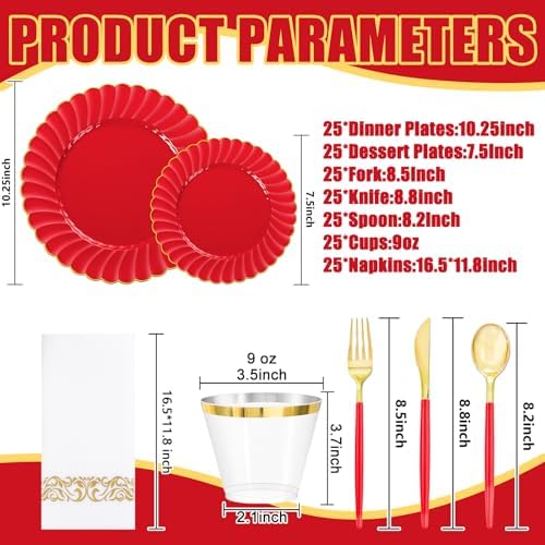 Ciaell 175 Piece Red and Gold Plastic Plates for Weddings Parties - Image 2