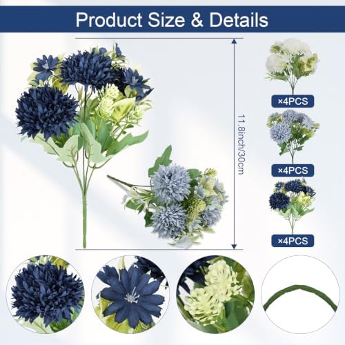 Mixed Navy Blue Artificial Flowers 12 Bundles Silk Floral with Stems - Image 2