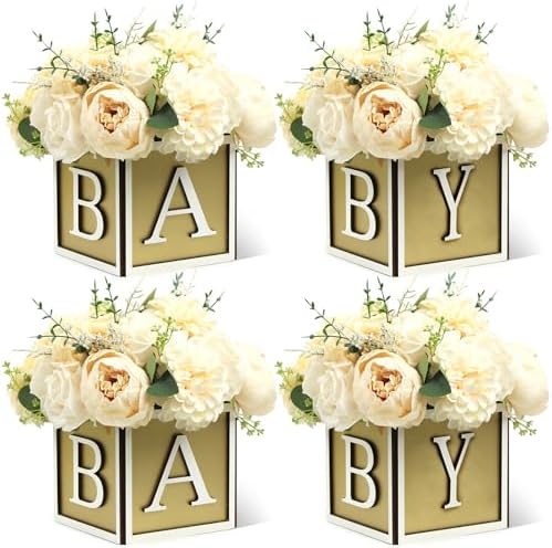 Baby Shower Boxes Decorations 4Pcs Wood Baby Blocks with Printed Baby Letter, Gold Baby Shower Centerpieces for Table, Gender Reveal Neutral Baby Shower Supplies by MASTRON