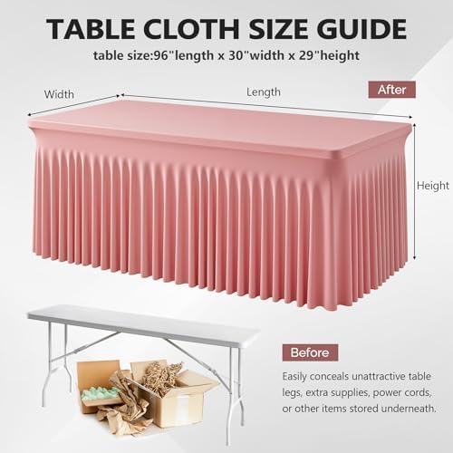 Wish Care 6 Pack Dusty Rose Spandex Table Clothes for 8 Foot Rectangle Tables, 8FT Wrinkle Free Fitted Tablecloths Ruffles Design Table Cloth for Party, Banquet, Wedding and Events - Image 5