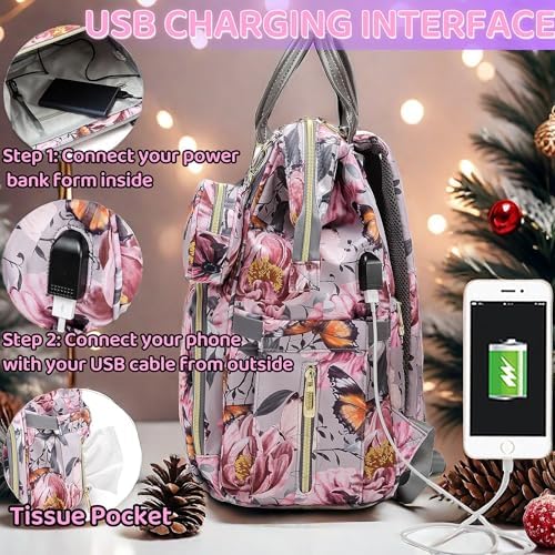 Diaper Bag Backpack for Dad and Mom with USB Charging Port Stroller Straps and Insulated Pocket,army military Travel Nappy Backpack for Daddy/Mommy (Grey Pink Flower Pattern) - Image 3
