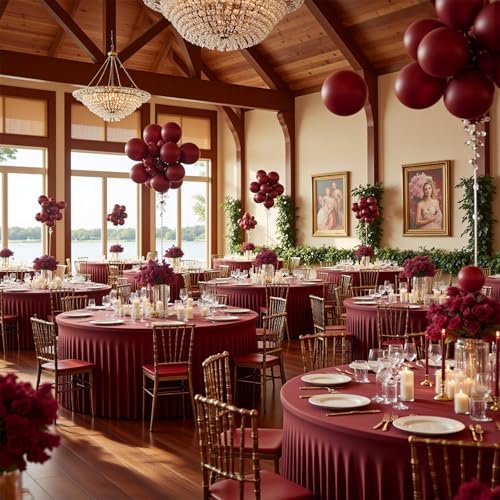 4 Pack 120 Inch Burgundy Cloth Tablecloth for 5 FT Round Tables, Stretchy Fitted Circle Picnic Tables Cloths, Spandex Table Cover with Table Skirt for Wedding Photography Events Juneteenth Decor - Image 6