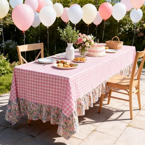 Moukeren Pink Gingham Ruffled Tablecloth Rectangular Cotton Linen - Image 5