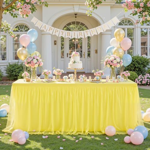 4 Pack Yellow Tulle Tablecloth for 8 Foot Rectangular Tables 8ft Yellow Rectangle Table Cloths Wrinkle Free Table Cover with Tutu Skirt for Birthday Cocktail Banquet Buffet Lemon Fruit Party Decor - Image 3