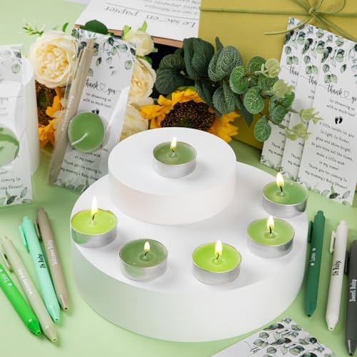 Spakon 60 Sets Baby Shower Favors for Guests Include Unscented Tealight Candles Multicolor Ballpoint Pen Thank You Card OPP Bags Gender Reveal Gifts for Baby Shower Game Prizes(Green,Greenery) - Image 5