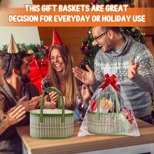 Tioncy 6 Set Woven Bamboo Gift Baskets with Handles Empty, Green - Image 5