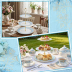 CHENGU 3 Tier Christmas Cupcake Stand Blue Ceramic with Gold Frame - Image 3