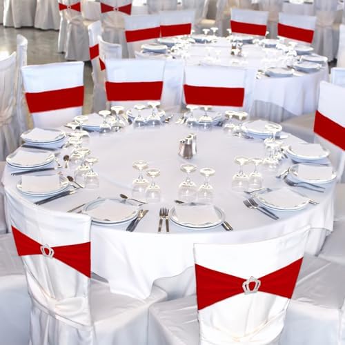 VitalCozy 100 Pcs Spandex Chair Sashes with Crown Buckle,Red - Image 6