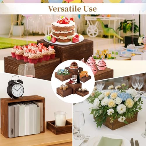 OMISTAR 6 Pcs Wooden Risers Display Stands Set - Rustic Wood Cake Stands, Nesting Display Blocks, Assorted Size Wood Display Shelf for Party Decorations, Jewelry, Figures Collection - Image 6