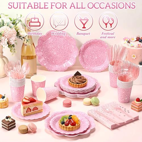 Hushee 175 Pcs Light Pink Party Supplies 25 Guests Holographic Print Disposable Dinnerware Include Scalloped Plates, Napkins, Paper Cups, Plastic Cutlery for Kpop Disco Birthday Baby Shower Wedding - Image 4