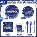 Funnymoom 400 Pcs Happy Retirement Party Supplies for 50 Guests Navy Blue and Silver Disposable Plates Napkins Cups Forks for Retired Party Decoration Favor for Women Men(Blue and Sliver, Retirement) - Image 2