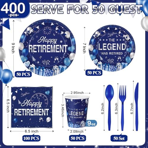 Funnymoom 400 Pcs Happy Retirement Party Supplies for 50 Guests Navy Blue and Silver Disposable Plates Napkins Cups Forks for Retired Party Decoration Favor for Women Men(Blue and Sliver, Retirement) - Image 2
