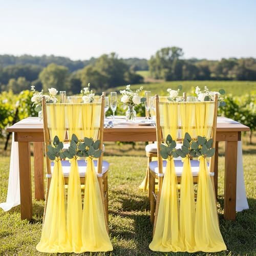 QueenDream Yellow Chair Sashes Wedding: 36 Pieces Long Sheer Wedding Aisle Chair Decorations Tulle Chairs Covers with Artificial Eucalyptus - Image 2