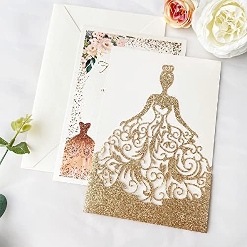 5.12 x7.28 inch 20PCS Gold Glitter Quinceanera Invitations Kit Laser Cut Hollow Girl Princess Pocket with Envelopes Invitations for Quinceanera Bridal Shower Invite - Image 6