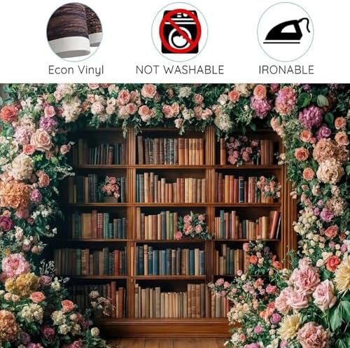 15X10FT Bookshelf Flower Photography Backdrop Vintage Bookcase Magic Books Ancient Library Wall Background Flower Girl Kids Birthday Party Decorations Kindergarten Graduation Banner Photo Booth Props - Image 6