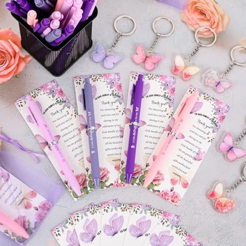180 Pcs Butterfly Baby Shower Gifts for Guest A Little Butterfly is On The Way Party Favors Retractable Ballpoint Pens Keychains and Greeting Cards Bulk Gender Reveal Souvenirs Prize Game Supplies - Image 4
