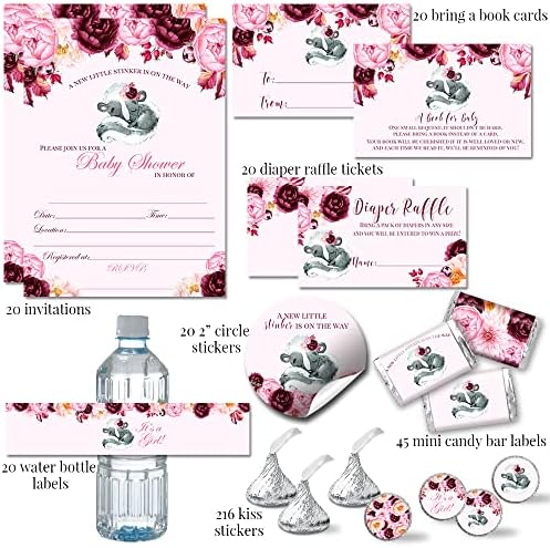 Little Stinker Woodland Animal Skunk FloralBaby Shower Party Decoration Bundle for Girls Includes 20 Invitations with Envelopes + 4 Sizes of Decorative Stickers, Diaper Raffle & Book Request Cards - Image 2