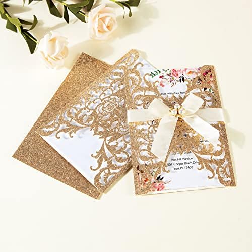 25Pcs Wedding Invitations Glitter Laser Cut Wedding Invitations With Envelopes And Rsvp Cards Blank Inner Sheet Personalized Gold For Engagement Quinceanera Bridal Baby Shower Birthday Party - Image 6