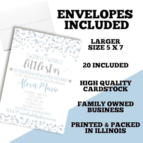 Custom Baby Shower Invites Twinkle Baby Boy Shower Invitations 20 5x7 Personalized Little Star Invites With Envelopes - Unique Blue and Silver Star Baby Shower Cards - Image 6