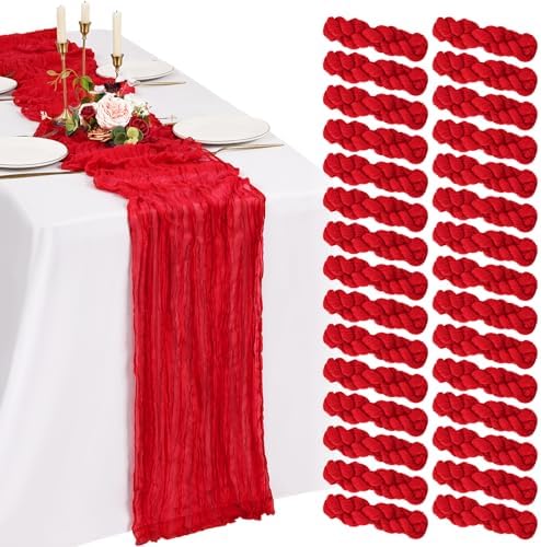 30 Pack Cheesecloth Table Runner 10FT Red Table Runner Boho Gauze Cheese Cloth Table Runners Long Rustic Sheer Table Decorations for Wedding Party Baby Bridal Shower Birthday Holiday Home by Showgeous
