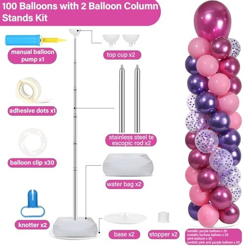 2 Sets Adjustable Balloon Column Stand Kit with Bases（Pink and Purple） - Image 2