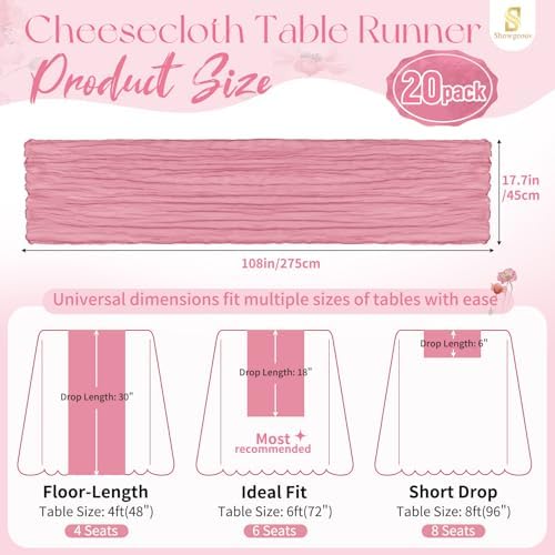 Showgeous 20 Pack Dusty Rose Cheesecloth Table Runner, 17 x 108 Inches - Image 2