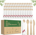 Prerolled Disposable Bamboo Cutlery Set – 50 Pack Pre Wrapped Silverware and Napkin Bundle with Forks, Knives, Spoons for Parties, Weddings, Events, and BBQ (Red String) by SoultanGoods