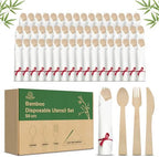 Prerolled Disposable Bamboo Cutlery Set – 50 Pack Pre Wrapped Silverware and Napkin Bundle with Forks, Knives, Spoons for Parties, Weddings, Events, and BBQ (Red String) by SoultanGoods