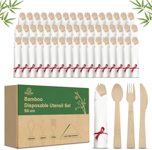 Prerolled Disposable Bamboo Cutlery Set – 50 Pack Pre Wrapped Silverware and Napkin Bundle with Forks, Knives, Spoons for Parties, Weddings, Events, and BBQ (Red String) by SoultanGoods