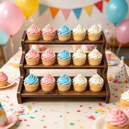 3-Tier Rustic Wood Cupcake Stand & Dessert Display Riser with Handles - Image 2