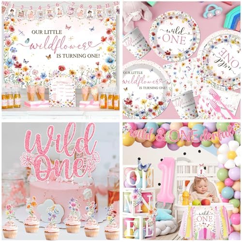 Wildflower First Birthday Decorations,295pcs wild One Birthday Decorations Girl Floral Plates and Napkins Cups Tablecloth Banner Backdrop for Our Little Wildflower Is Turning One Party - Image 5