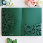 Hosmsua 50PCS Personalized Emerald Green Laser Cut Quinceanera Invitation Pocket, 5.12 x 7.2 Laser Cut Lace Flora wedding Invitation with Envelopes for Sweet 16, Mis XV, Quince Invitation by Hosmsua